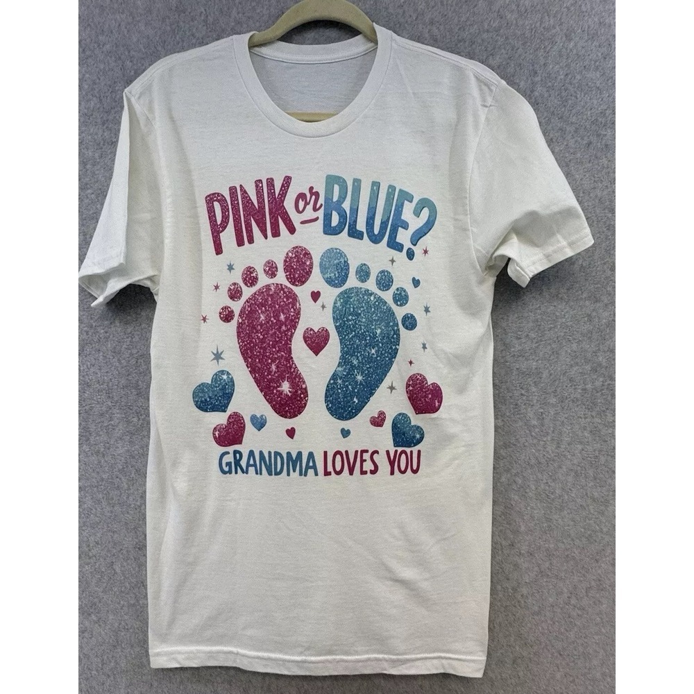 Gender Reveal Pink Or Blue Grandma Loves You Grandmother T-Shirt Small Unique - Picture 1 of 6